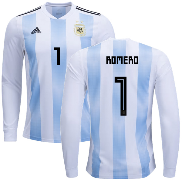 Argentina #1 Romero Home Long Sleeves Kid Soccer Country Jersey - Click Image to Close